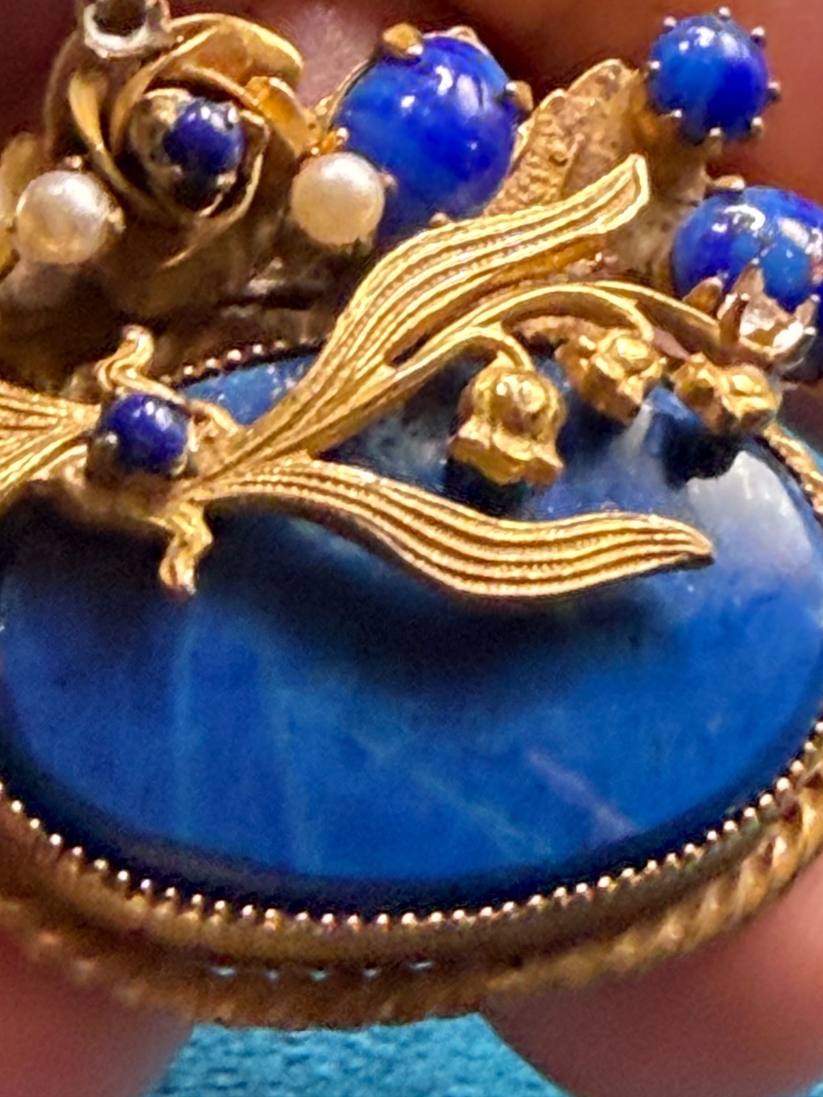 VTG Original by Robert Brooch Pendant Blue Glass Faux Pearl Ornate Gold Tone