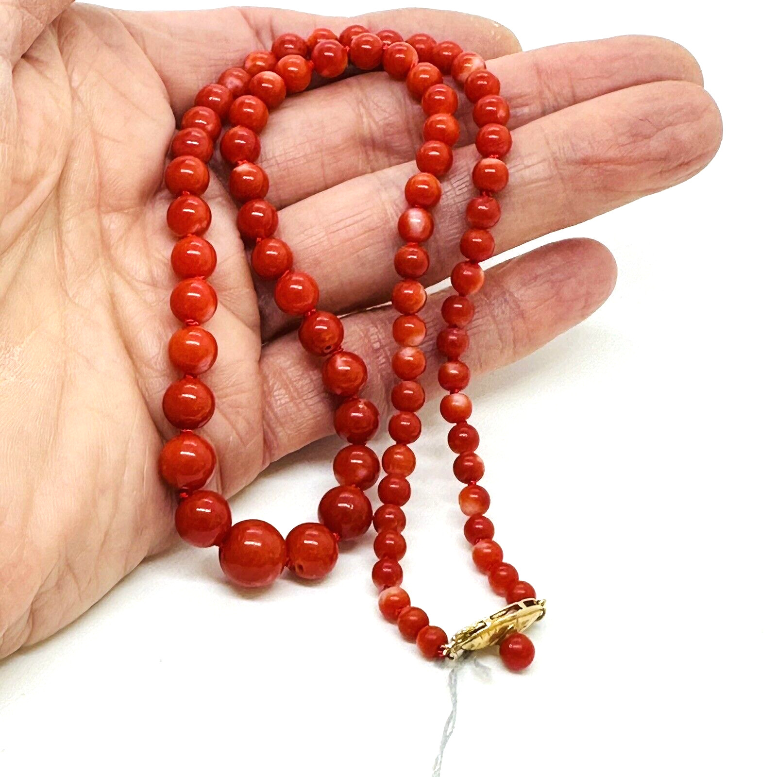 Natural Red Coral 9 mm x 4 mm Strand 18k Yellow Gold Necklace 17.5″