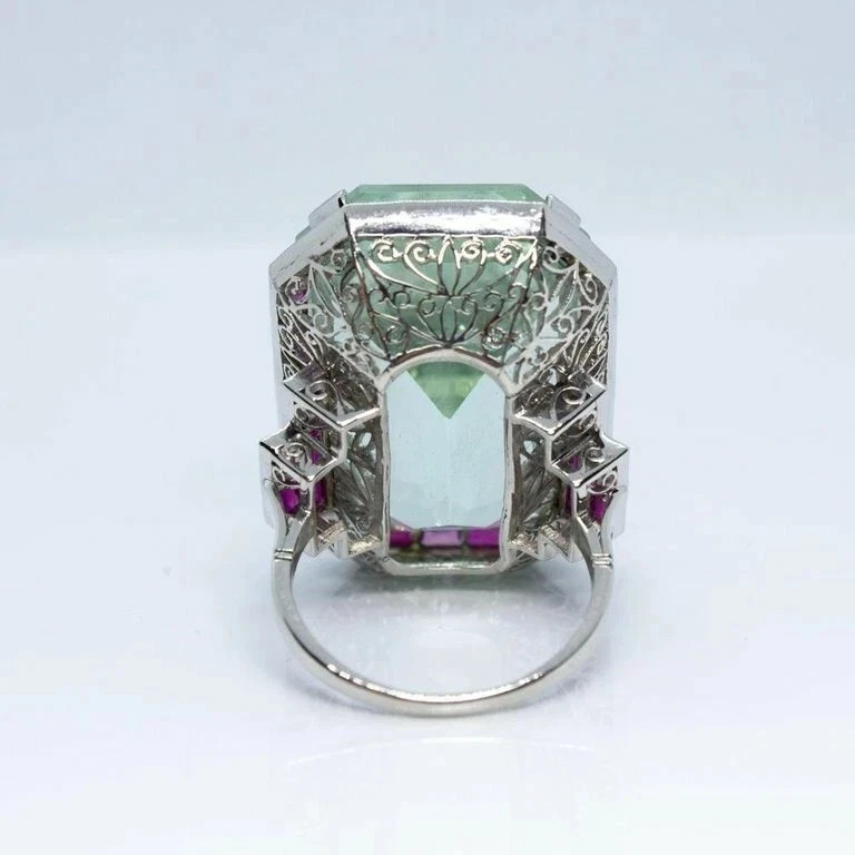 Vintage Art Deco Style 7CT Aquamarine & Ruby Halo Wedding Ring 14K White Gold FN