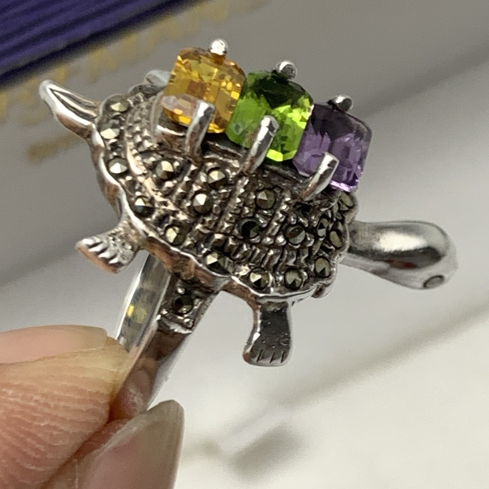 Vtg Turtle Ring w Moving Head 925 Sterling Silver Multi Colored Gem / Marcasite