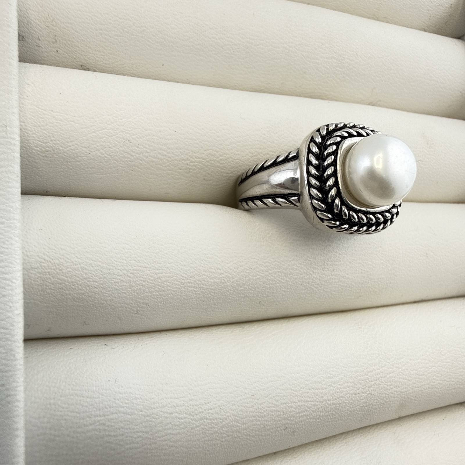 Honora Ring Pearl Sterling Silver Cable Rope 925 size 7 Button White Modern