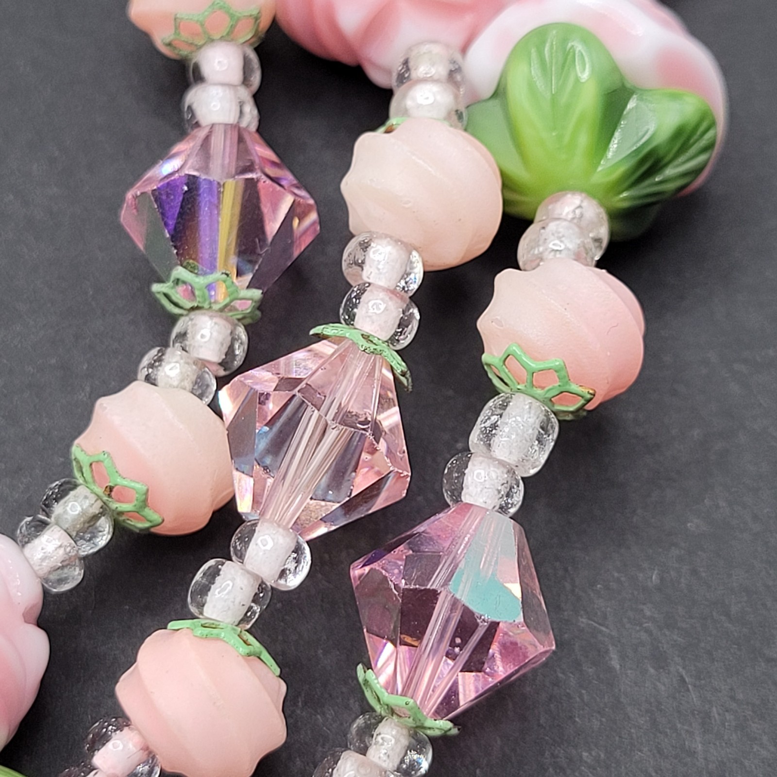 Triple Strand Glass Pink Rosette Green Bottom Rosebuds Bicone Crystal Necklace