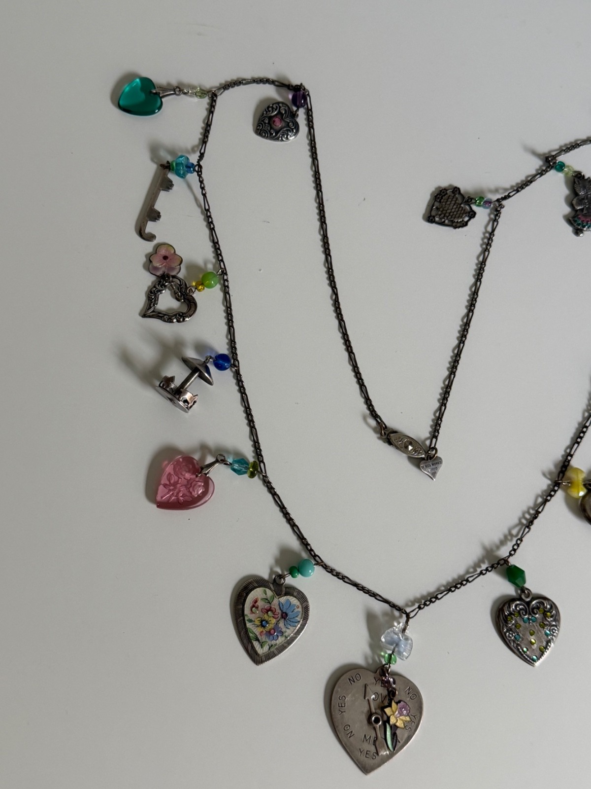 Vintage Glass Works Studio 32″ Multi Charm Necklace Love Me Spinner I Love You G