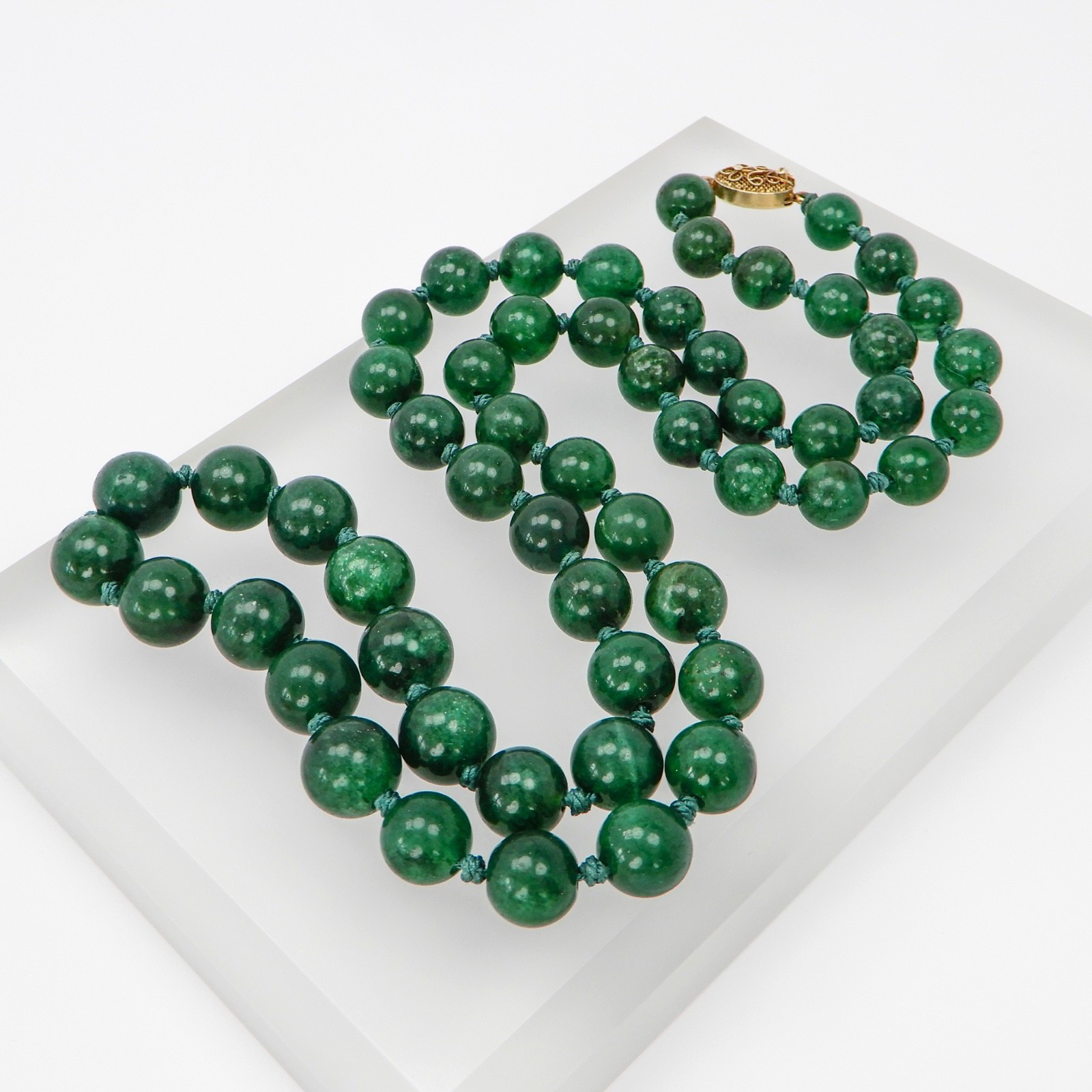 Vintage Green Jade Knotted Graduated Bead Necklace 26” 925 Silver Filigree Clasp