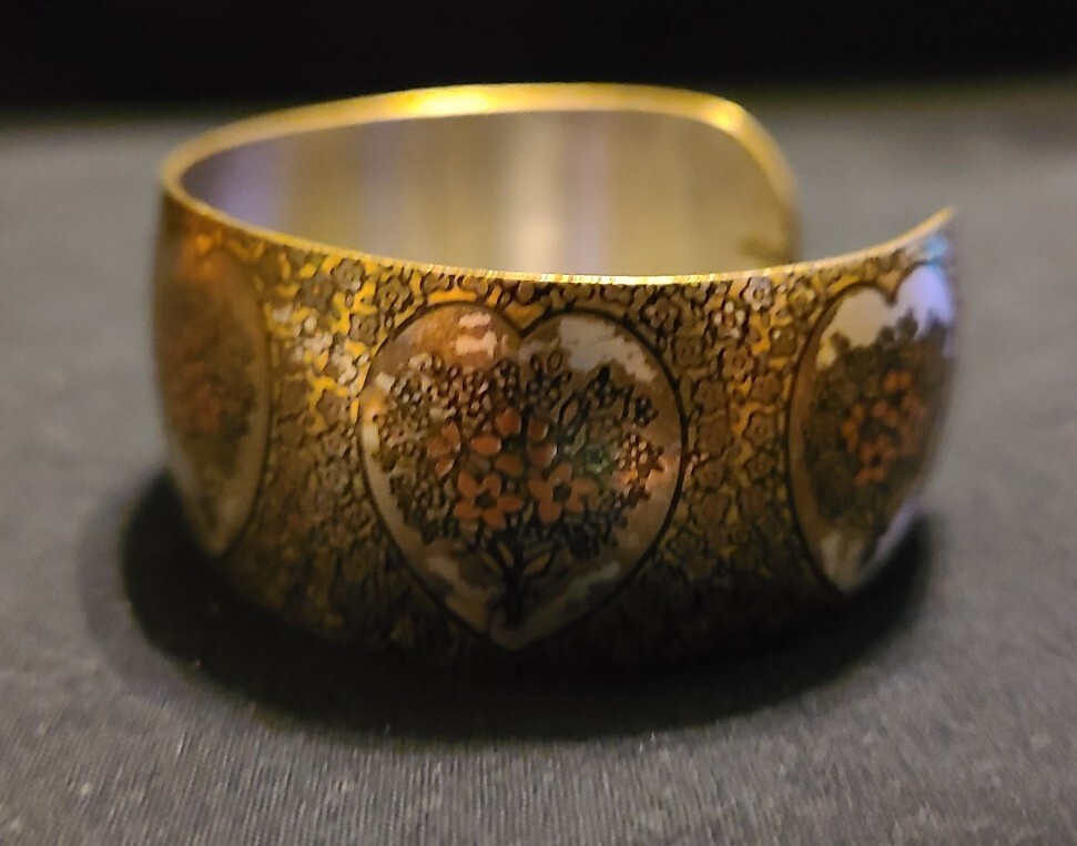 Vintage Reed & Barton Damascene Cuff Bracelet with Hearts and Flowers EUC