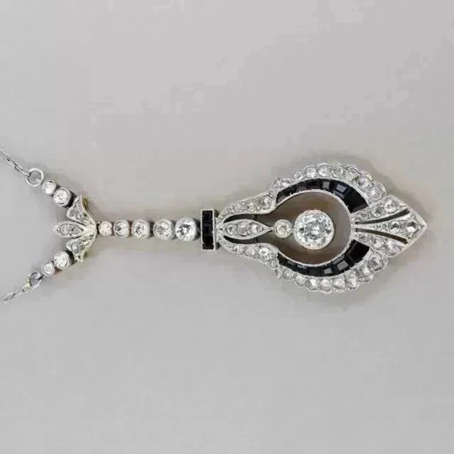 2Ct Art Deco Style Lab-Created Diamond & Onyx Wedding 14K White Gold FN Pendant