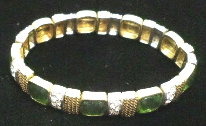 Fashion Bracelet Green Rhinestones, Simulated Diamond, Gold Tone Vintage (E2)