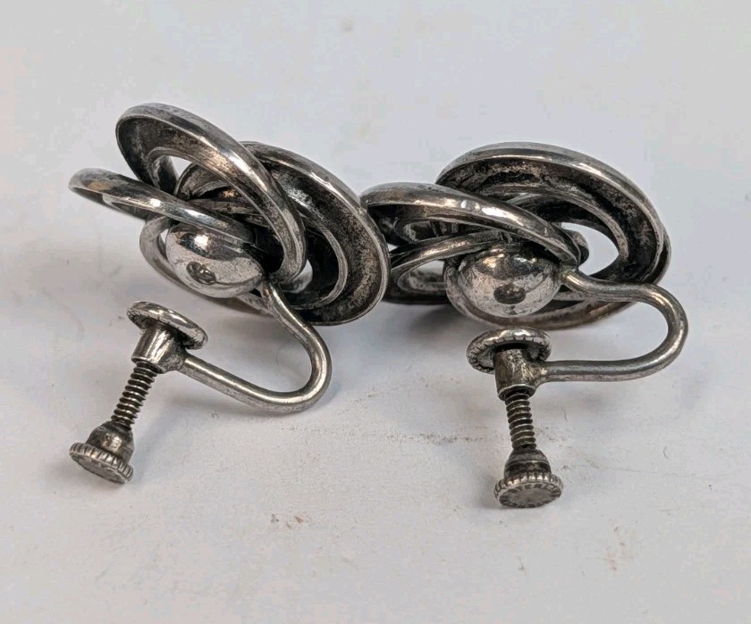Vintage 50s Sterling Silver 925 Swirl Lovers Knot Screw Back Earrings