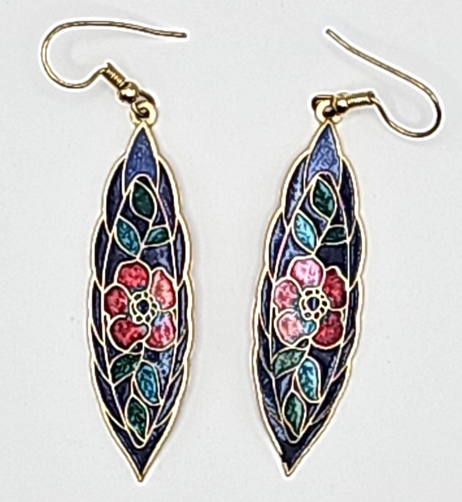 Vintage Enamel Poppy Flower Earrings Cloisonné Style Long Dangle Pierced