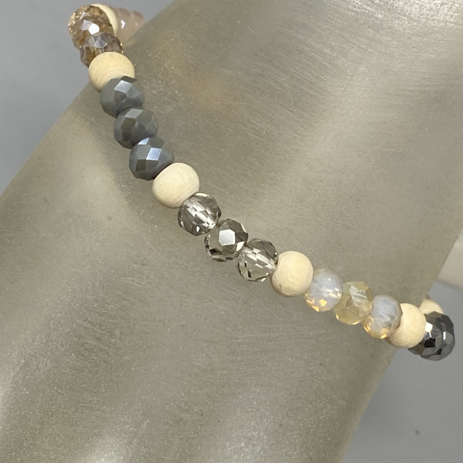 Glass Beaded Bracelet Gray Cream Clear Fire Polished Faceted Stretch Elastic 7″