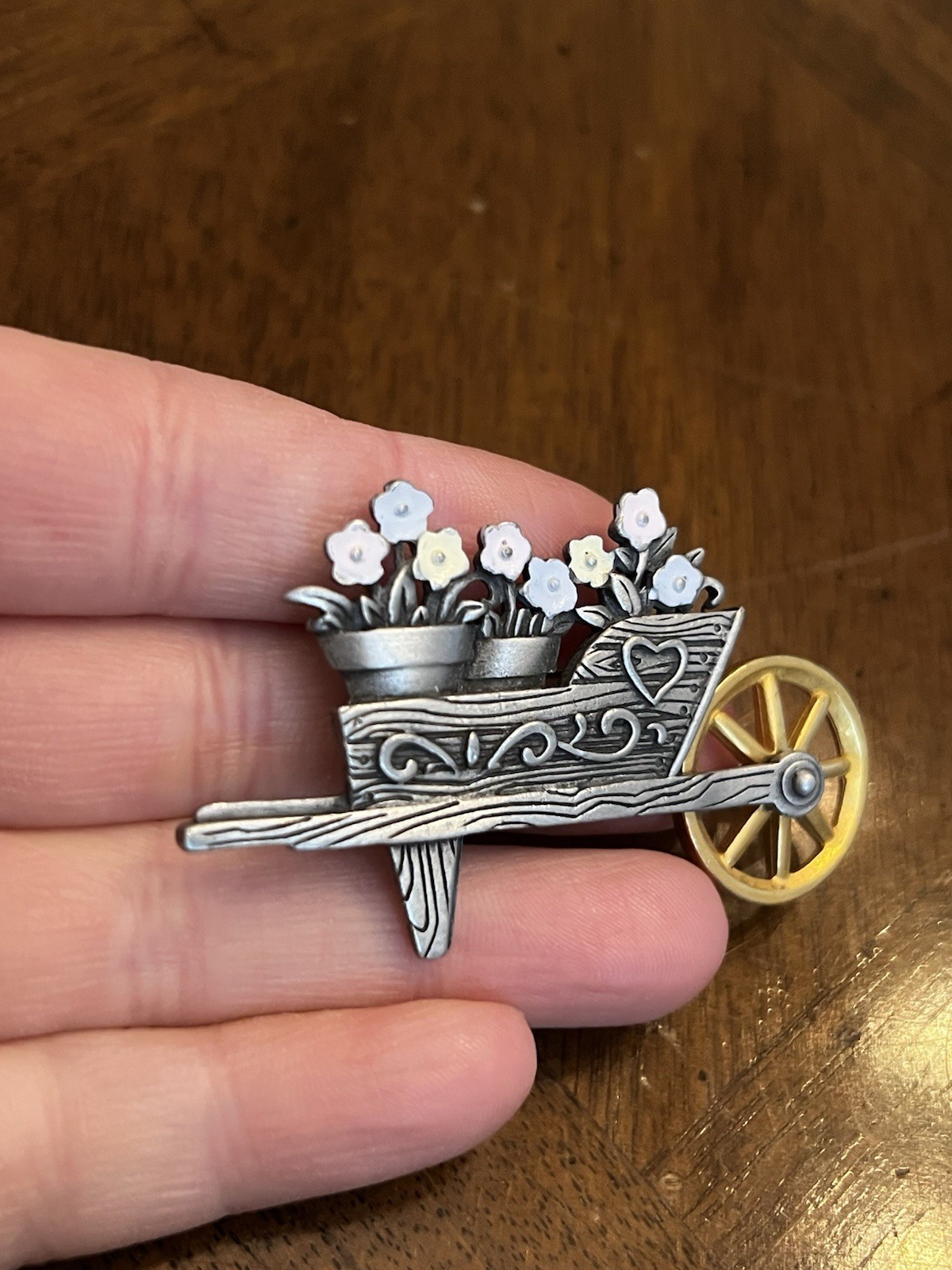 Vintage JJ Jonette Flowers in Wheelbarrow Brooch Signed Nice!
