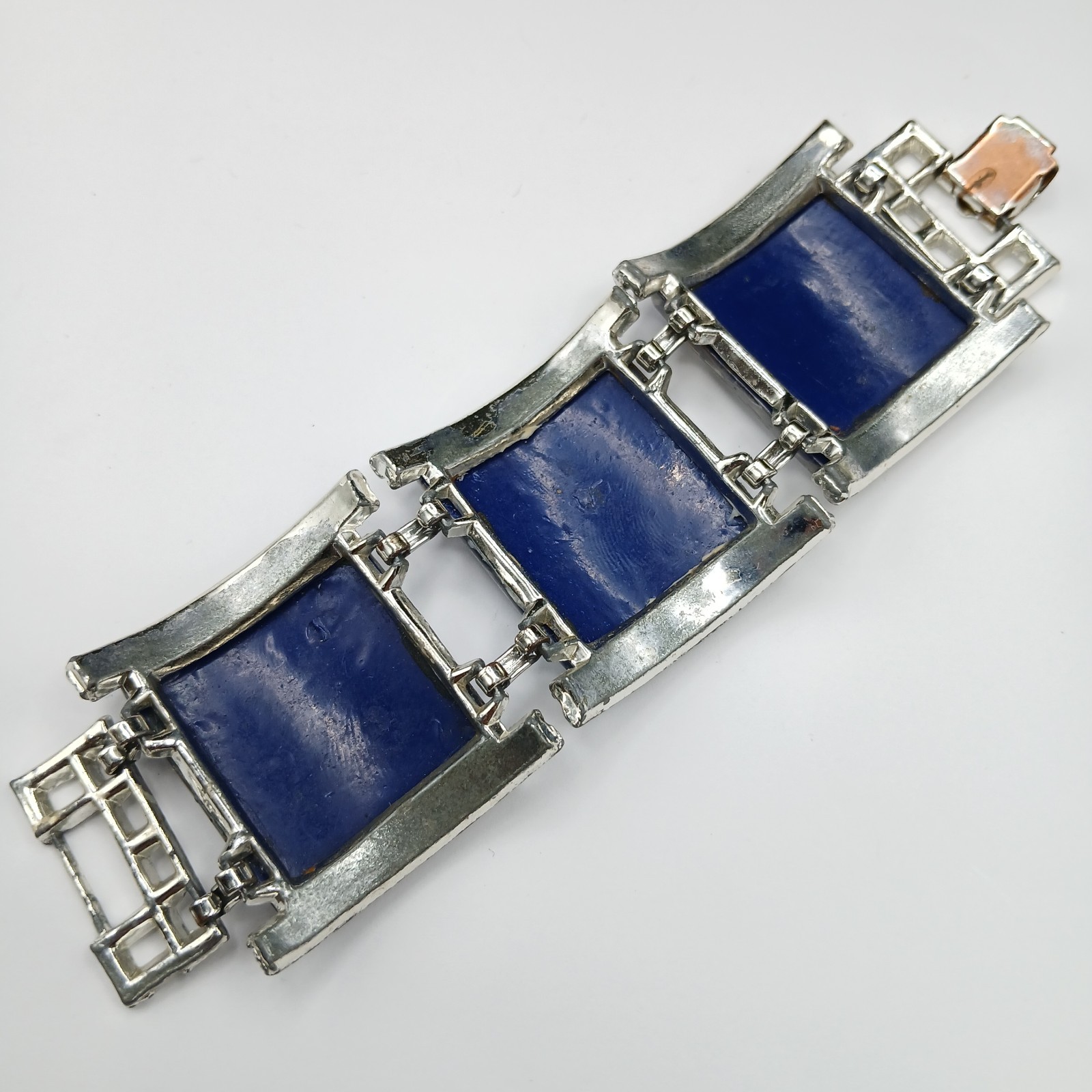 Vintage Lucite Blue White Glitter Confetti Chunky Silver Tone Square Bracelet