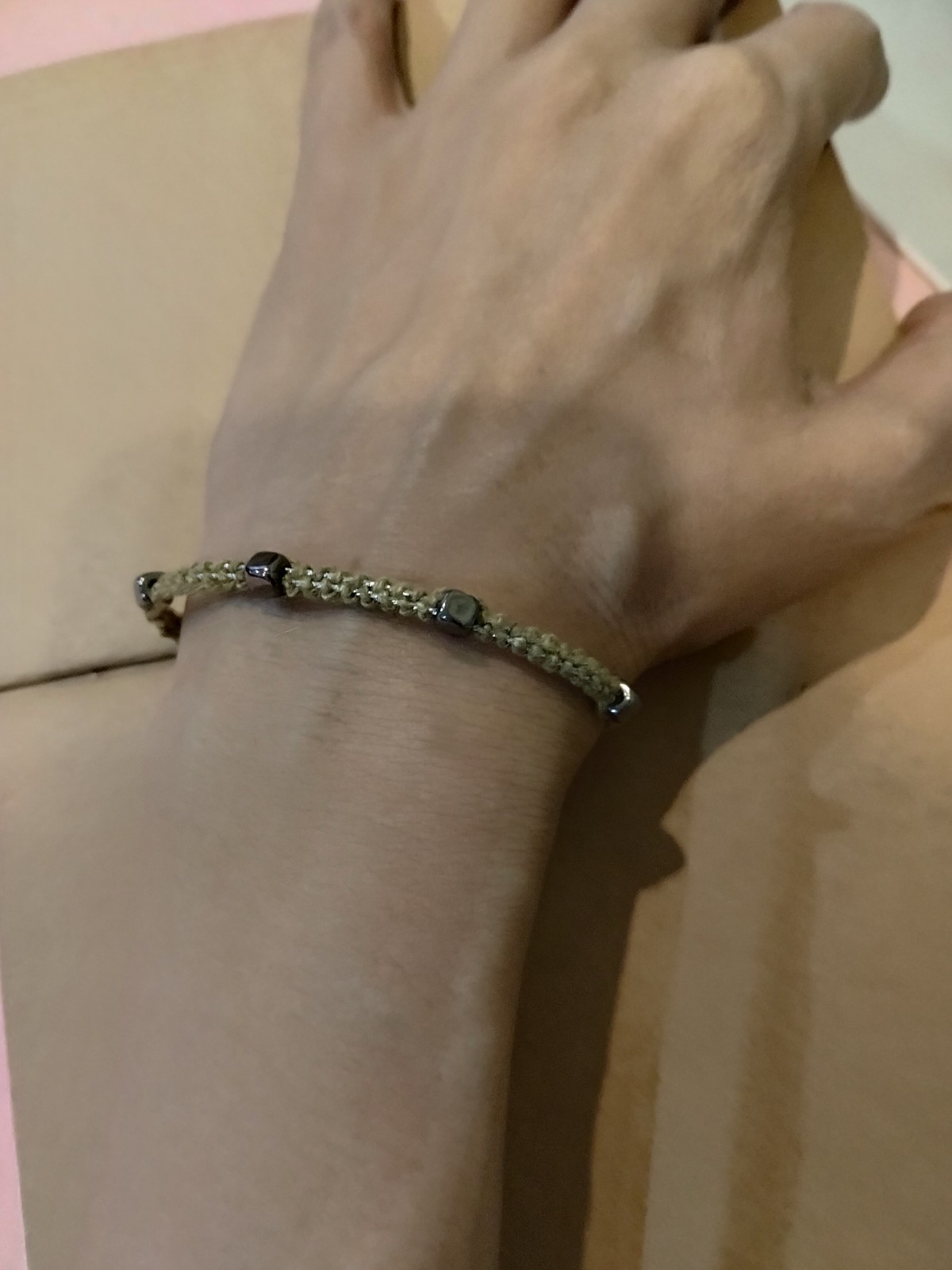 Adjustable Hemp Bracelet with Natural Cubic Sign with Silver Line- Boho Style