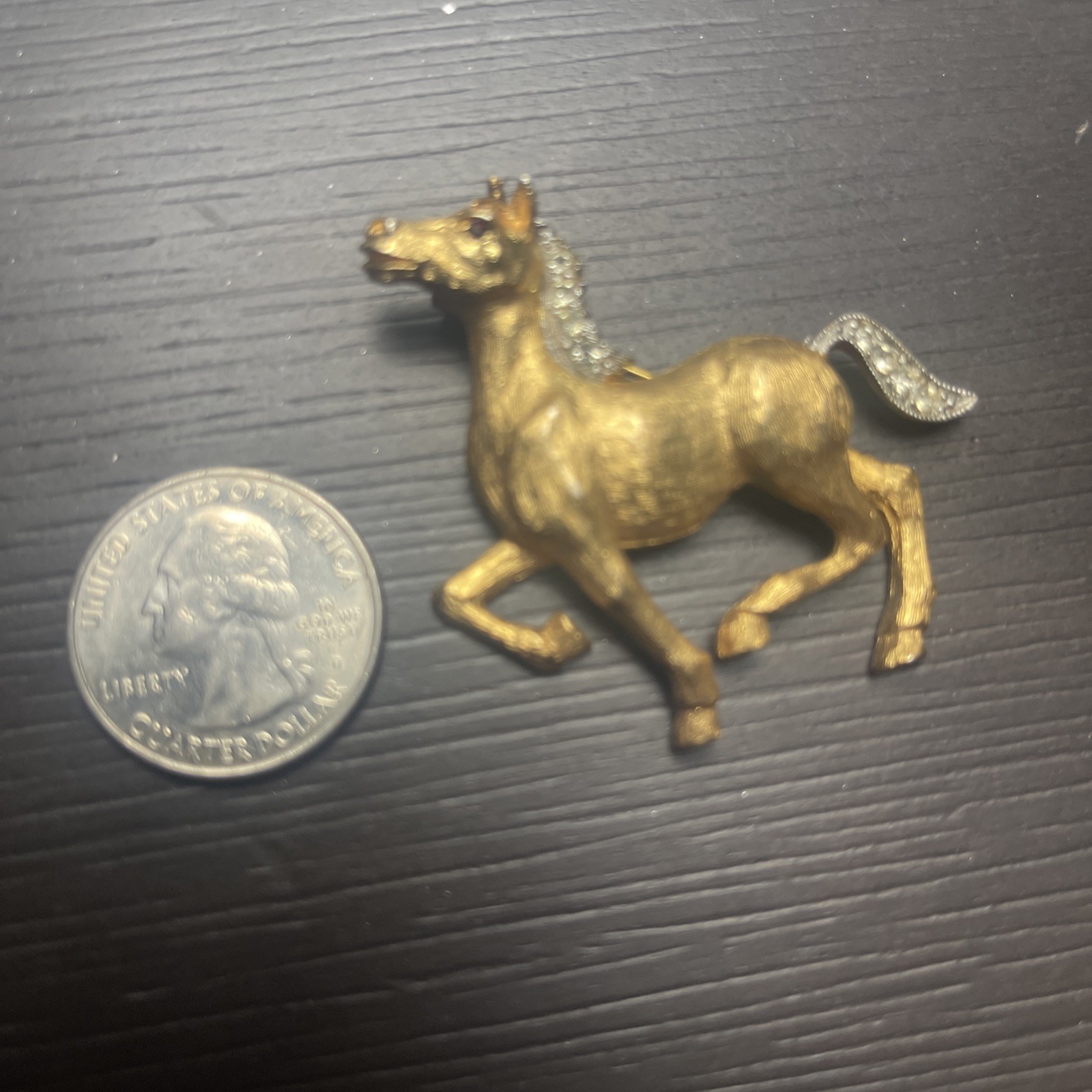 Vintage JJ Jonette Running Horse Brooch Gold Tone Rhinestone Mane Tail Pin