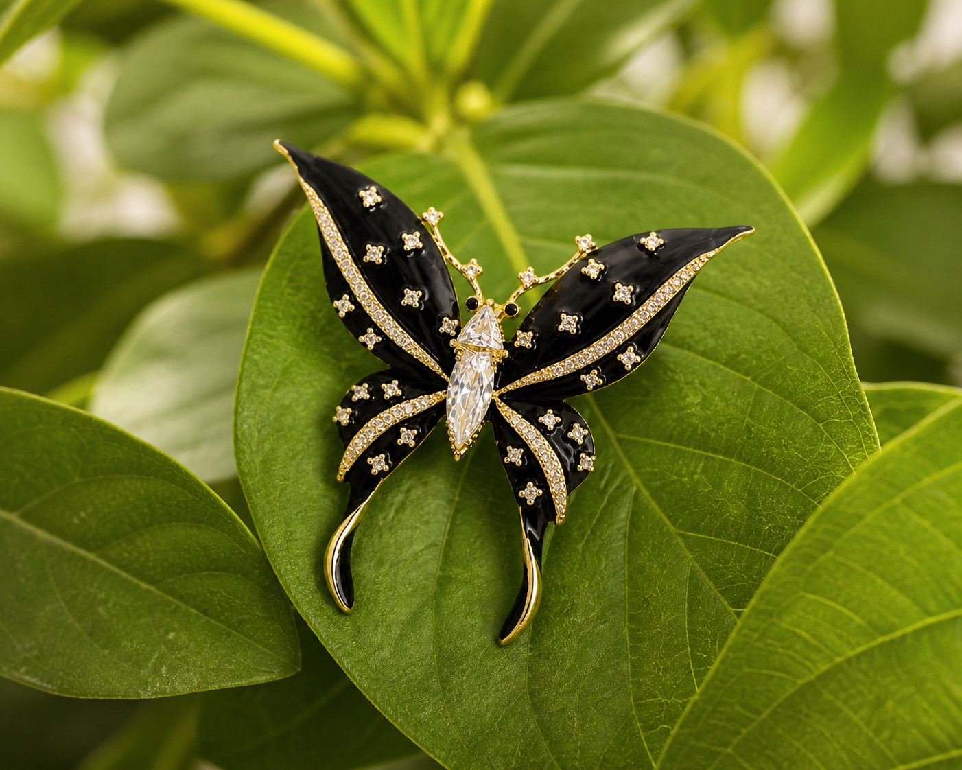 Black Enamel Butterfly Brooch Gold Tone Rhinestone Crystal Pin Vintage-Inspired