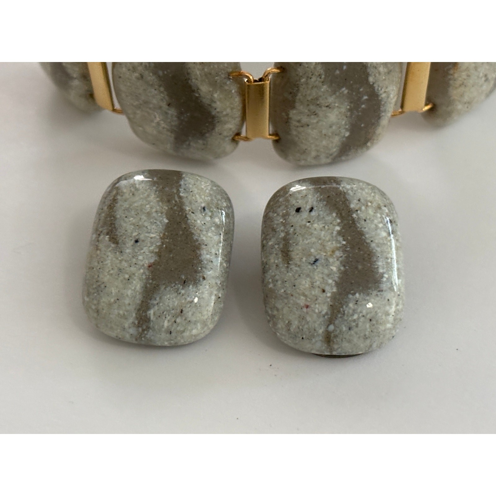 Vintage MCM Art Glass Panes Bracelet & Earrings Set Gold Tone Minimalist