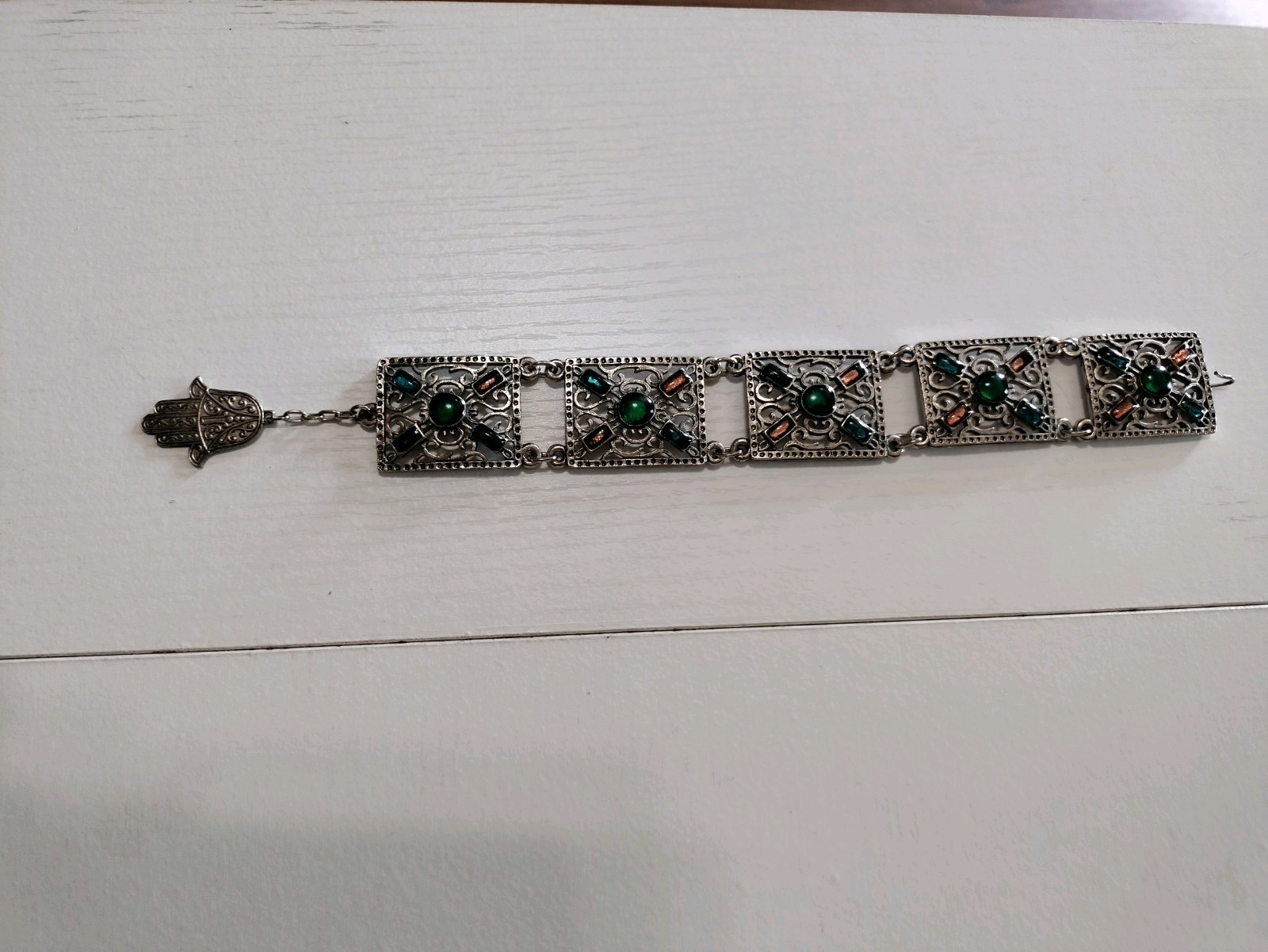Souvenir Du Maroc Jewel tone Colors Link Bracelet w/ Hamsa Hand Moroccan Vintage