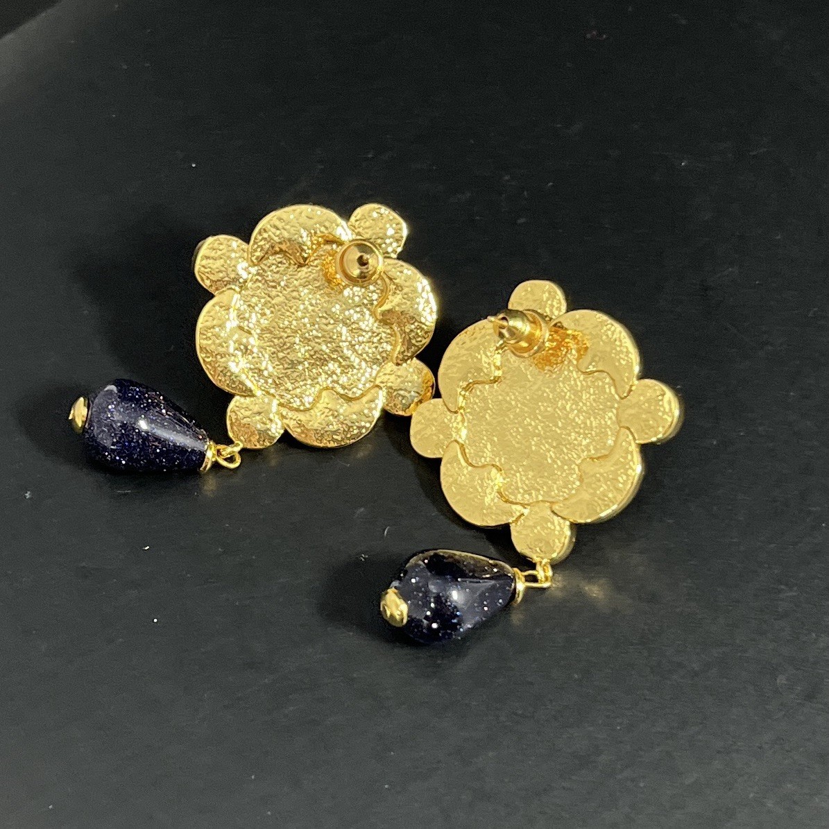 Gripoix Style Flower Earrings Enamel Glass Green Pink Gold Tone Cabochon Pierced