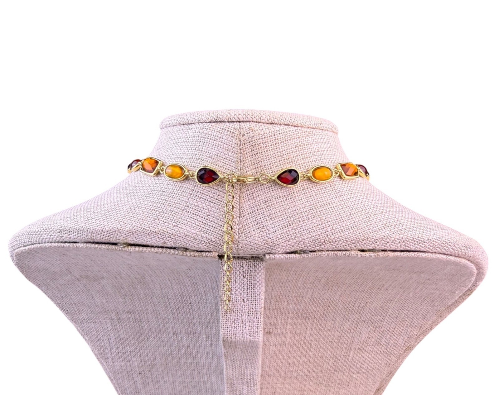 Vintage Statement Necklace Gold Tone Amber & Red Gemstones Bezel Set