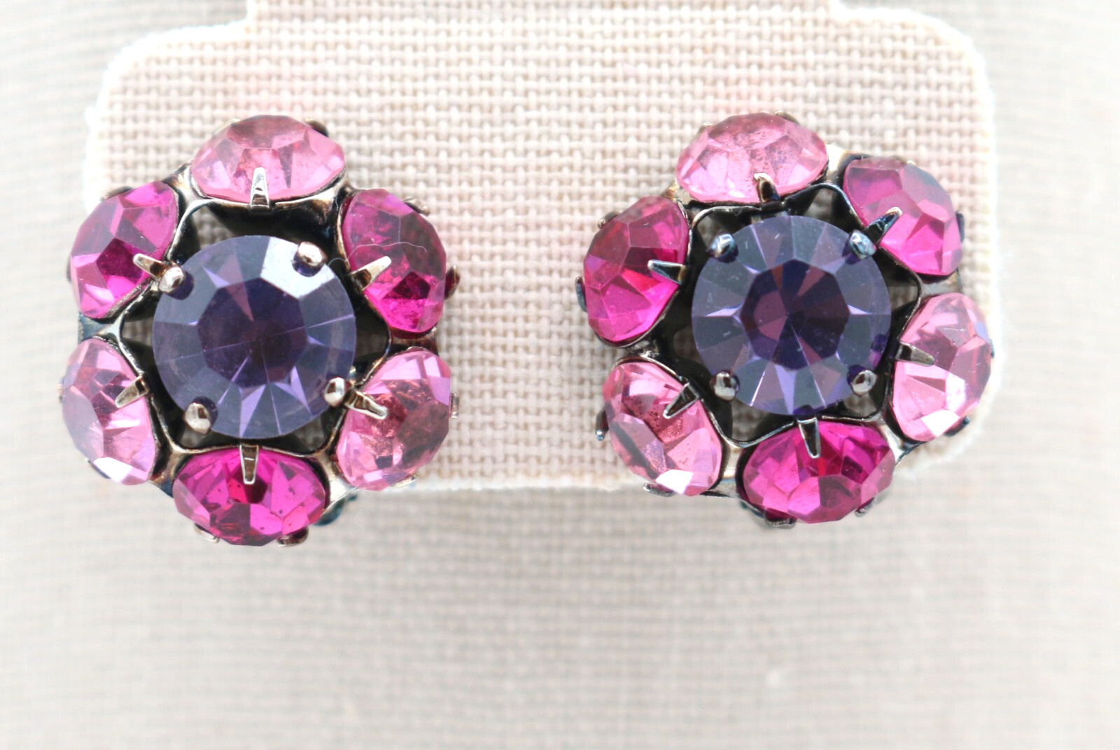 Lovely Vintage Pink & Purple Rhinestone Flower Shape Gunmetal Clip On Earrings