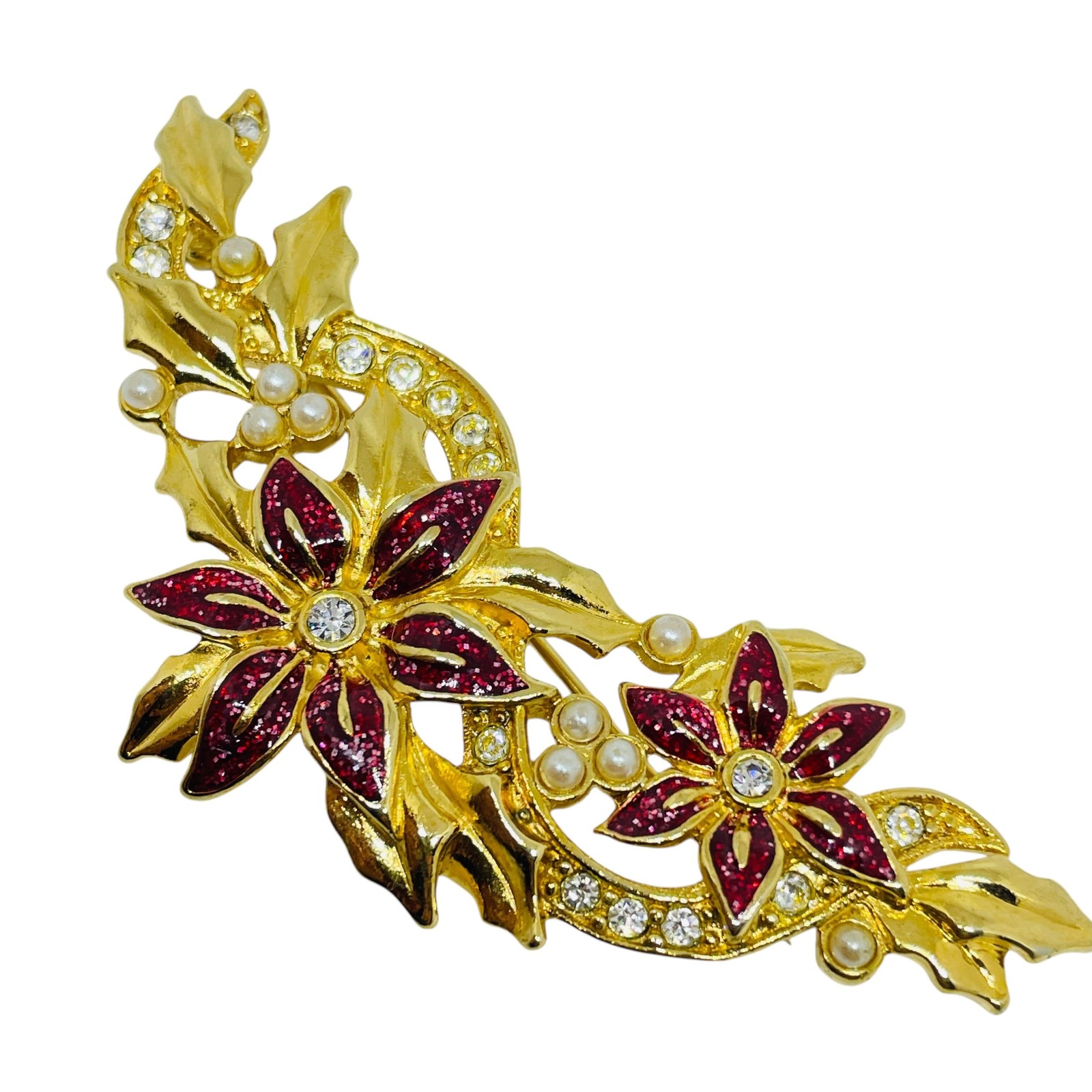Vintage gold tone enamel rhinestone flower brooch