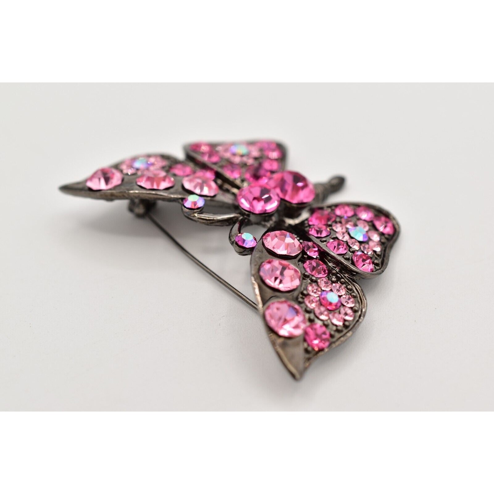 Vintage Crystal Butterfly Pin Brooch Pink Rhinestone Gunmetal Sparkling 90s Bin4