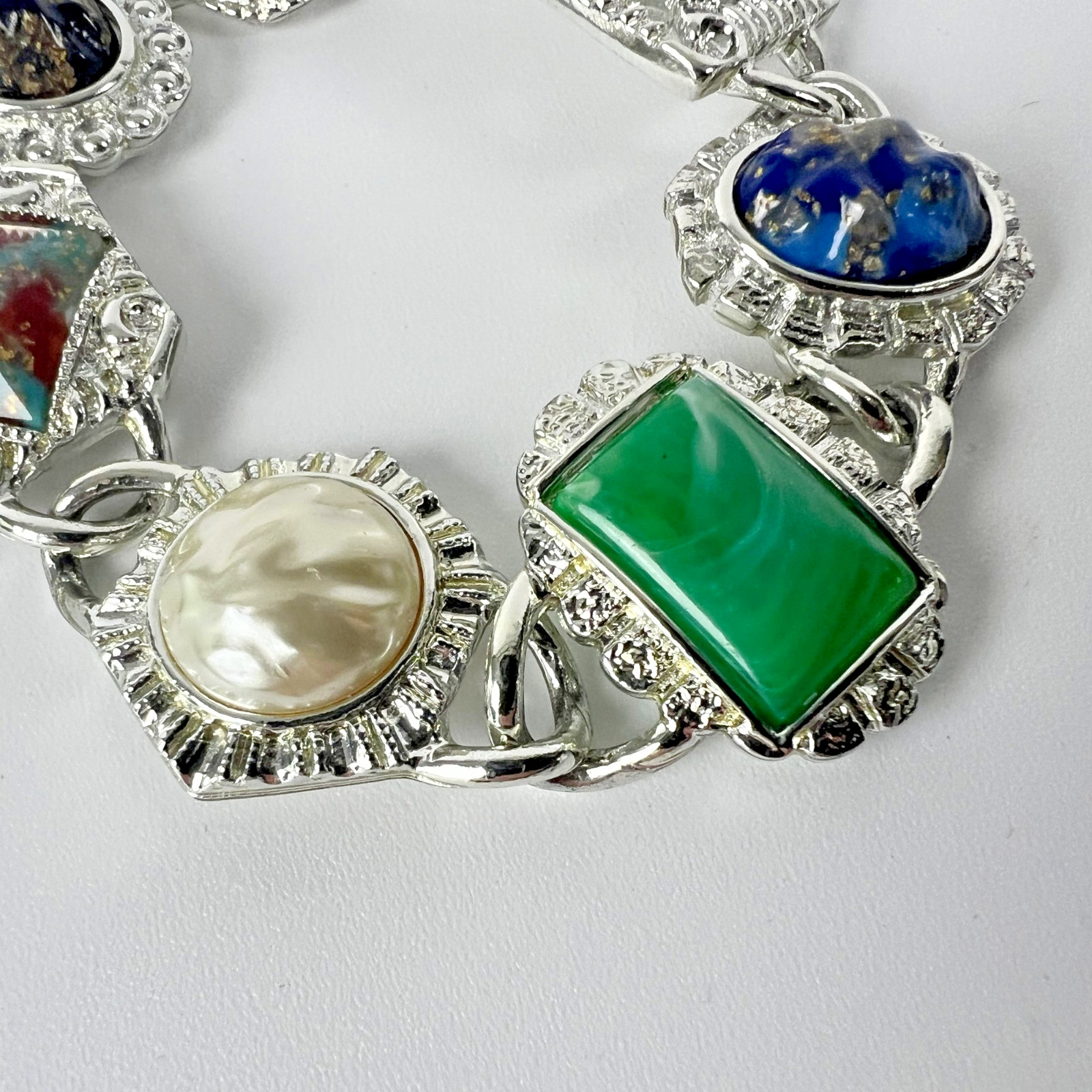 Sarah Coventry Multi Stone Bracelet Silver Tone Faux Pearl Cabochon Vintage