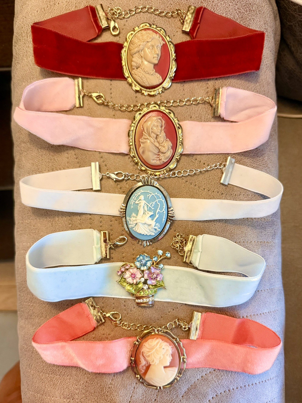 5 VELVET CHOKER LOT! Vintage Necklace, Pink Blue White Brown Coral Cameo ANTIQUE