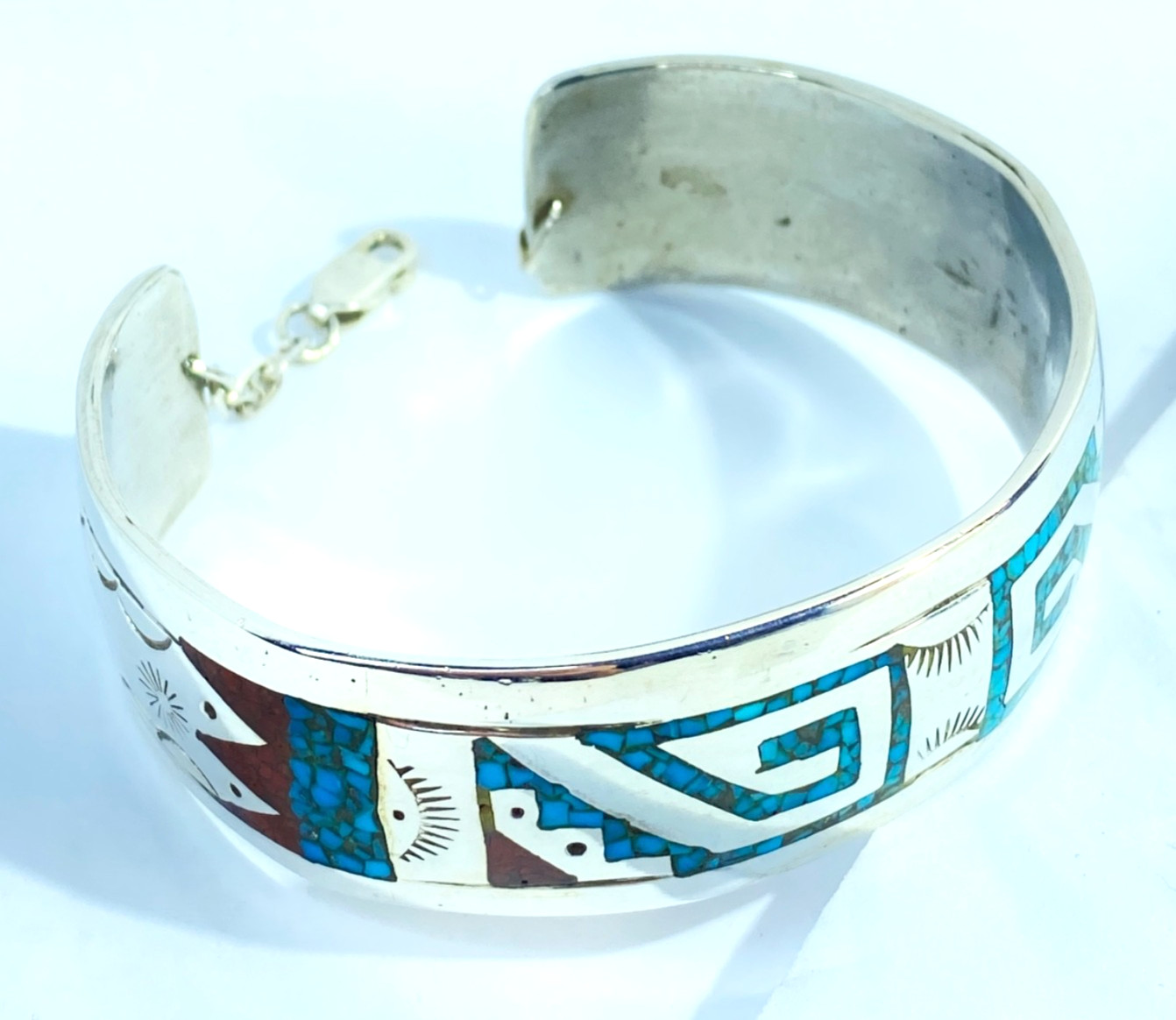 Sterling Native American Henry Baca Inlaid Turquoise & Coral Cuff 2 3/8″
