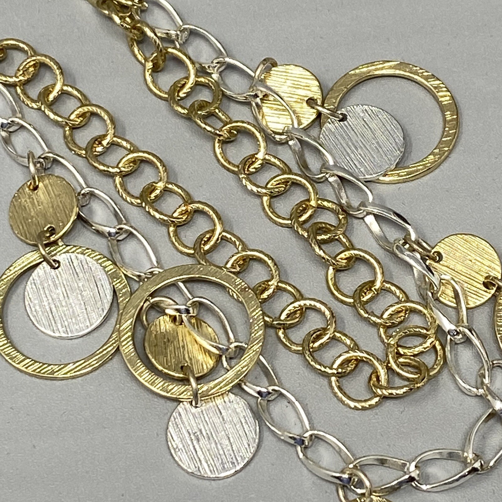 Fringe Disc Necklace Two Tone Gold Silver Layered Brushed Chain Collar Bib 18″