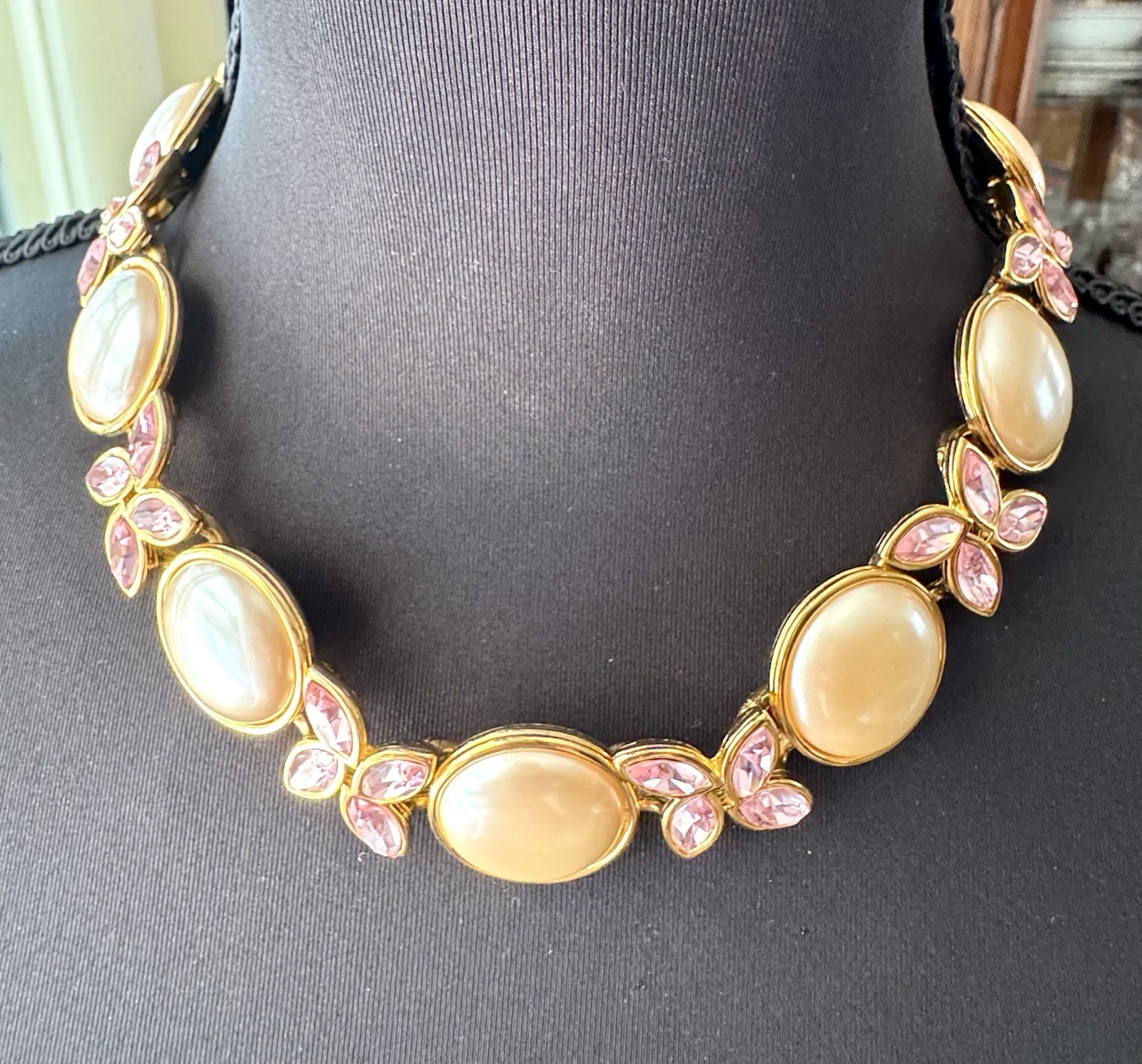 Vintage Monet Runway Necklace Faux Pearls Pink Crystal Gold Tone Statement