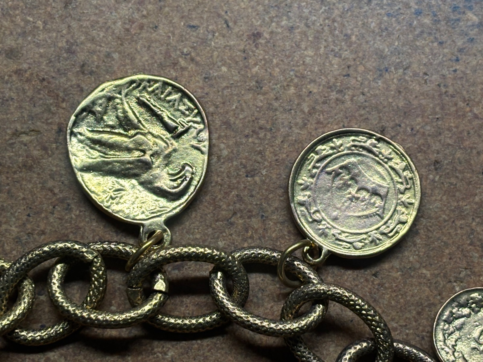 Vintage YOCHI NY Multi Chain Link GREEN ROMAN BRITISH SWISS GOLD COIN Bracelet