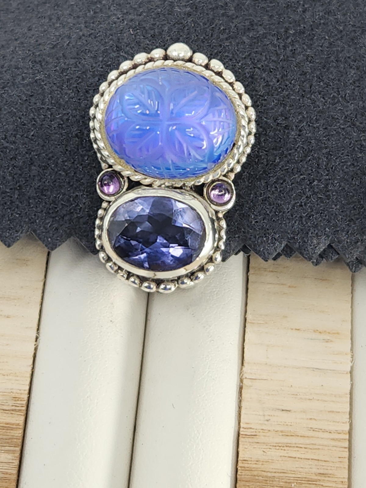 Stephen Dweck Sterling Silver Carved Blue Quartz Iolite Clip On Earrings