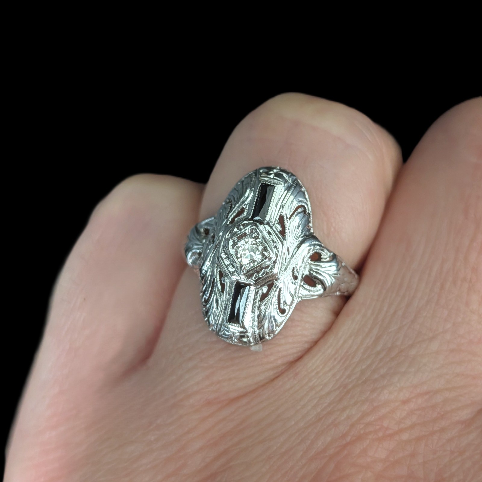 1920s Art Deco Old European Cut Diamond Lab Sapphire 14k White Gold Ring Antique