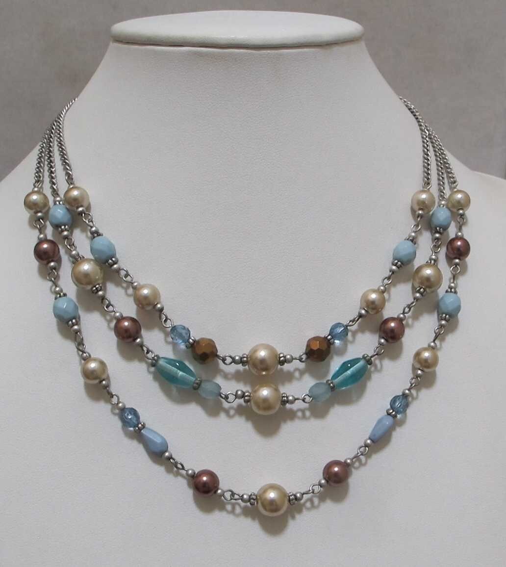 Vtg PREMIER DESIGNS 3-Strand White & Brown Faux Pearls Aqua Beads Necklace