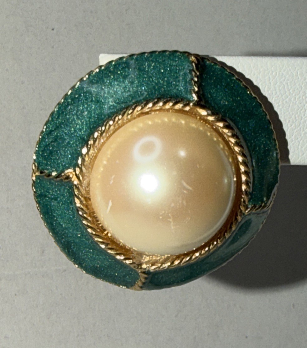 Vintage Gay Boyer Green Enamel Faux Pearl Gold Accent Clip-On Earrings