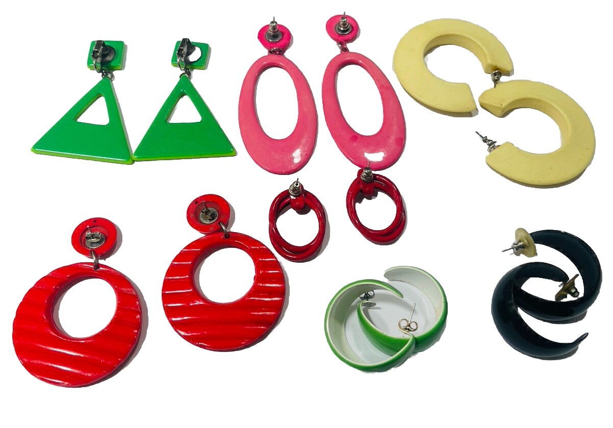 Go Go Retro Earrings Vintage Mix 7 Lot Dangle Hoops Resin Metal Bright Colors