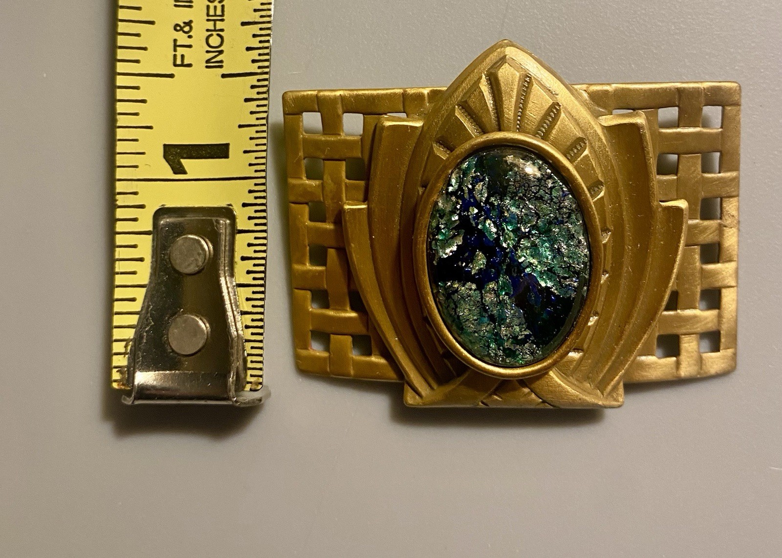 Vintage 80’s Art Deco Style Foil Cabochon Brass Tone Brooch Statement Piece