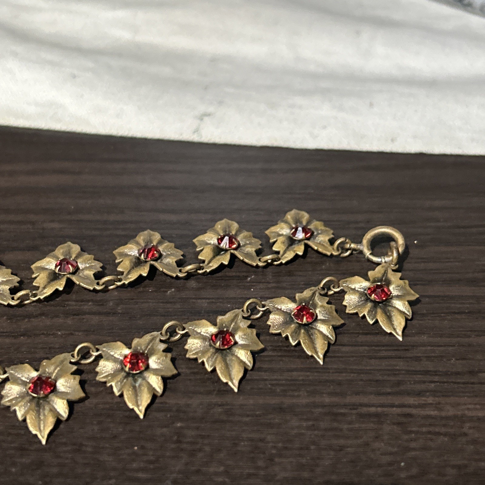 Vintage Bronze Leaf Red Garnet Glass Statement Necklace Choker 15”