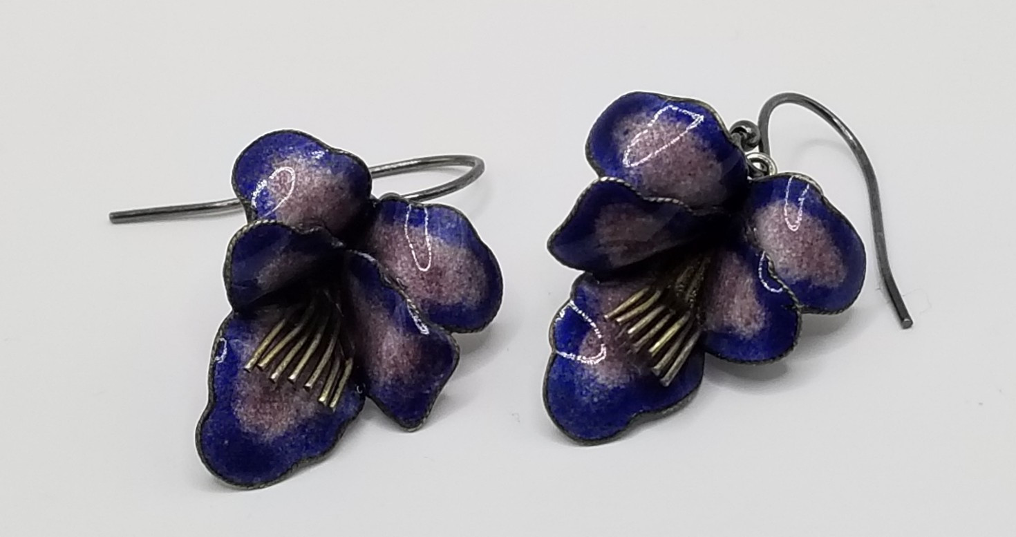 Vtg 925 Sterling Silver Purple & Blue Enameled 3D Pansy Flower Dangle Earrings
