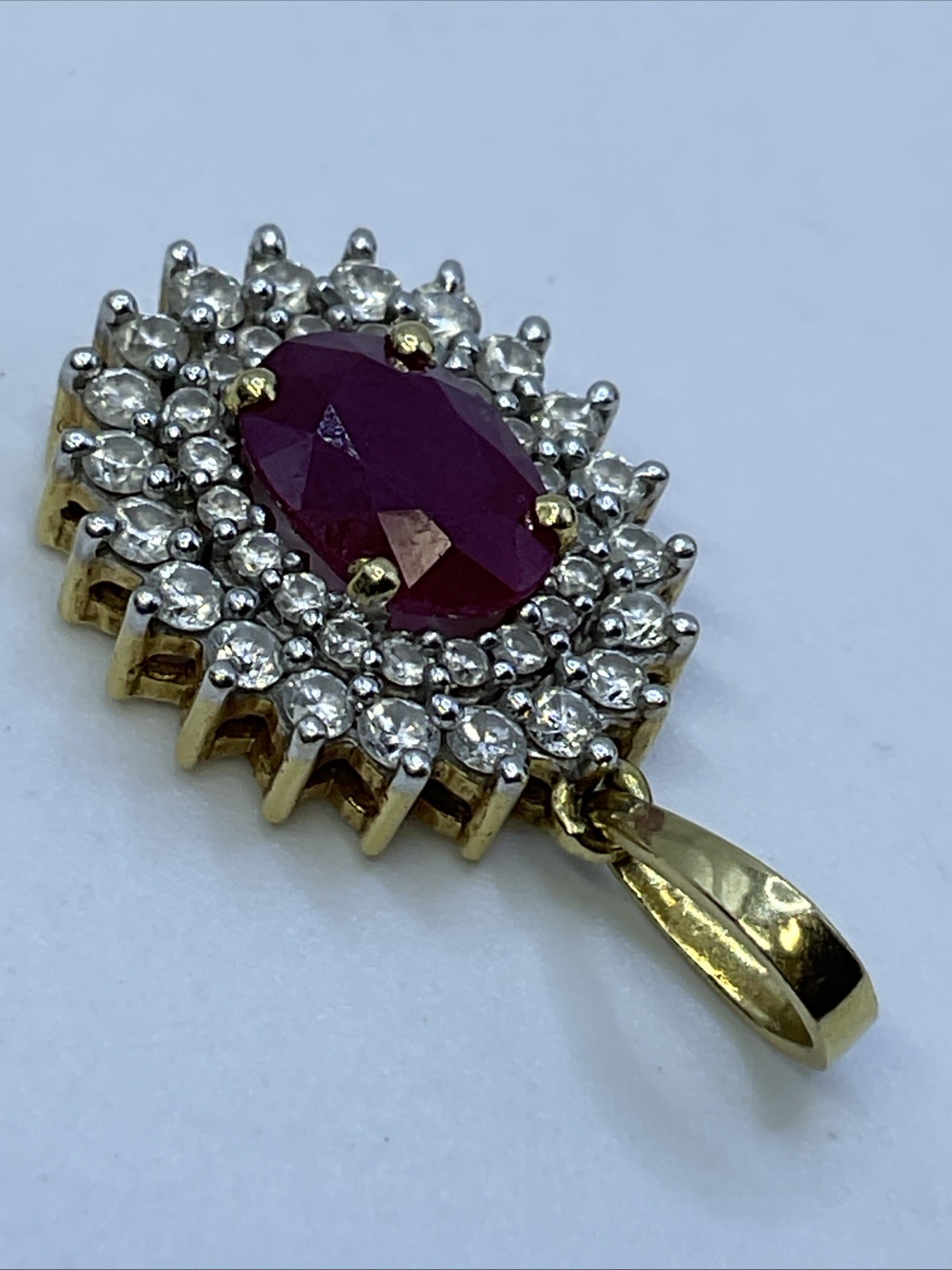 VINTAGE HANDMADE Solid 18K(750) Y.Gold Ruby & Diamonds DOUBLE HALO Style Pendant