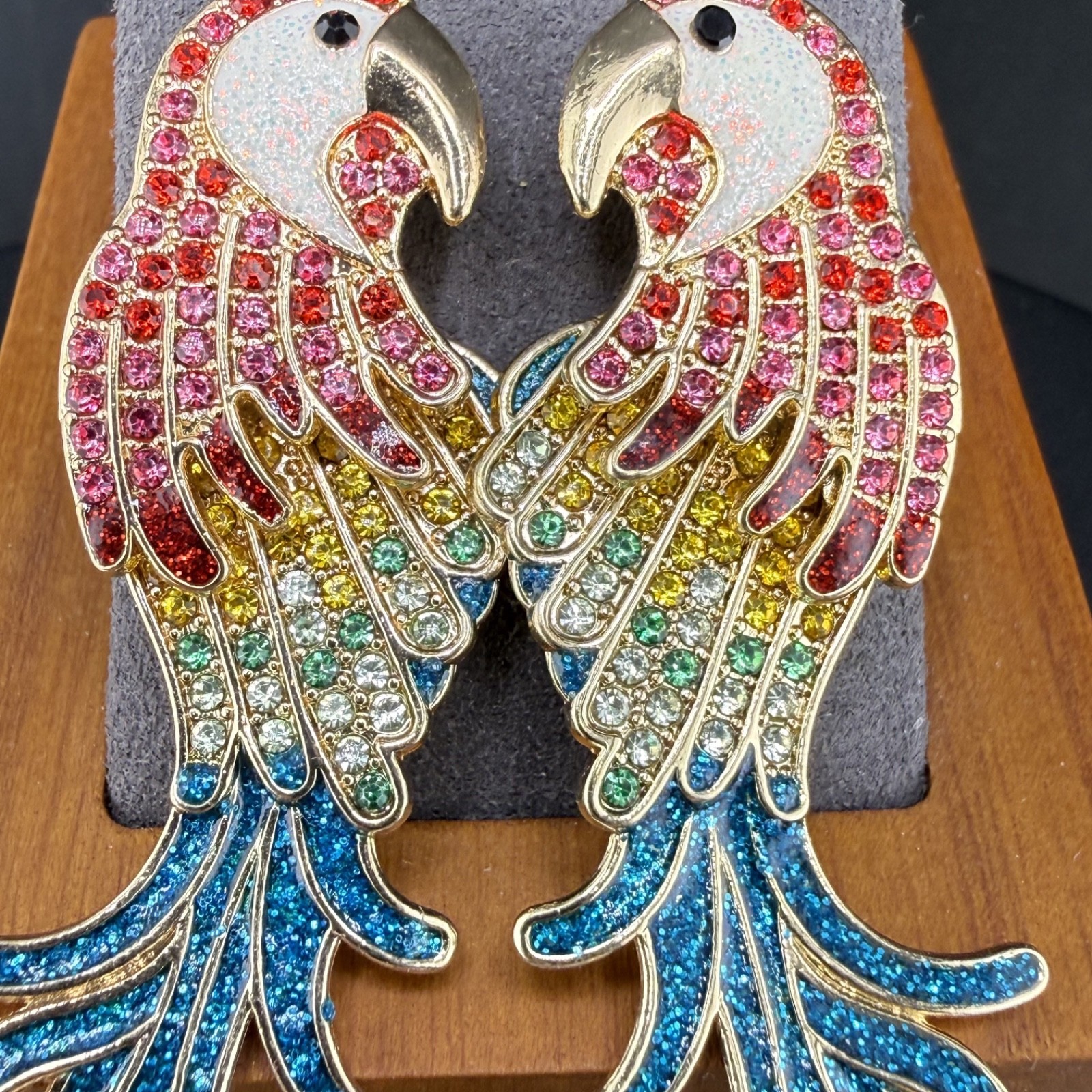 Sugarfix Rhinestone Parrot Pierced Earrings Gold Tone Bird Signed