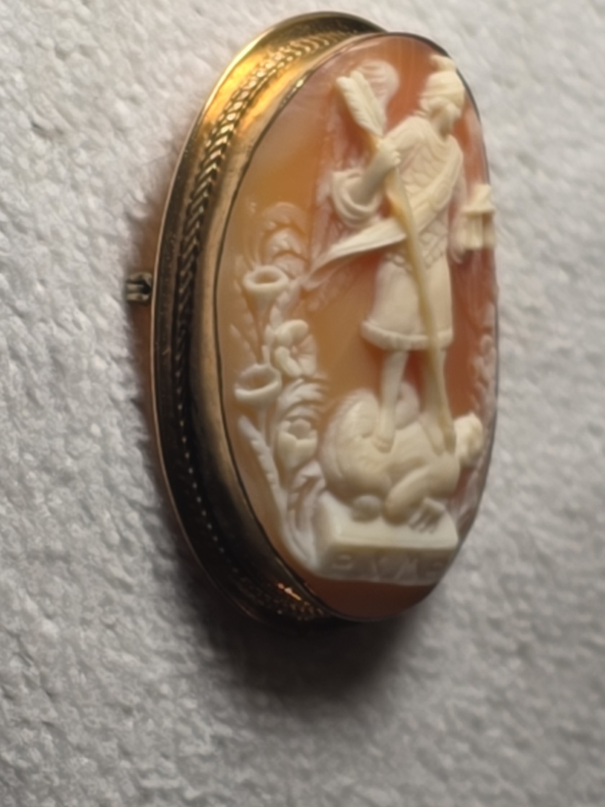 Vintage St. Michael Archangel Cameo Brooch 10k GF Signed S.M. in AMCO Setting