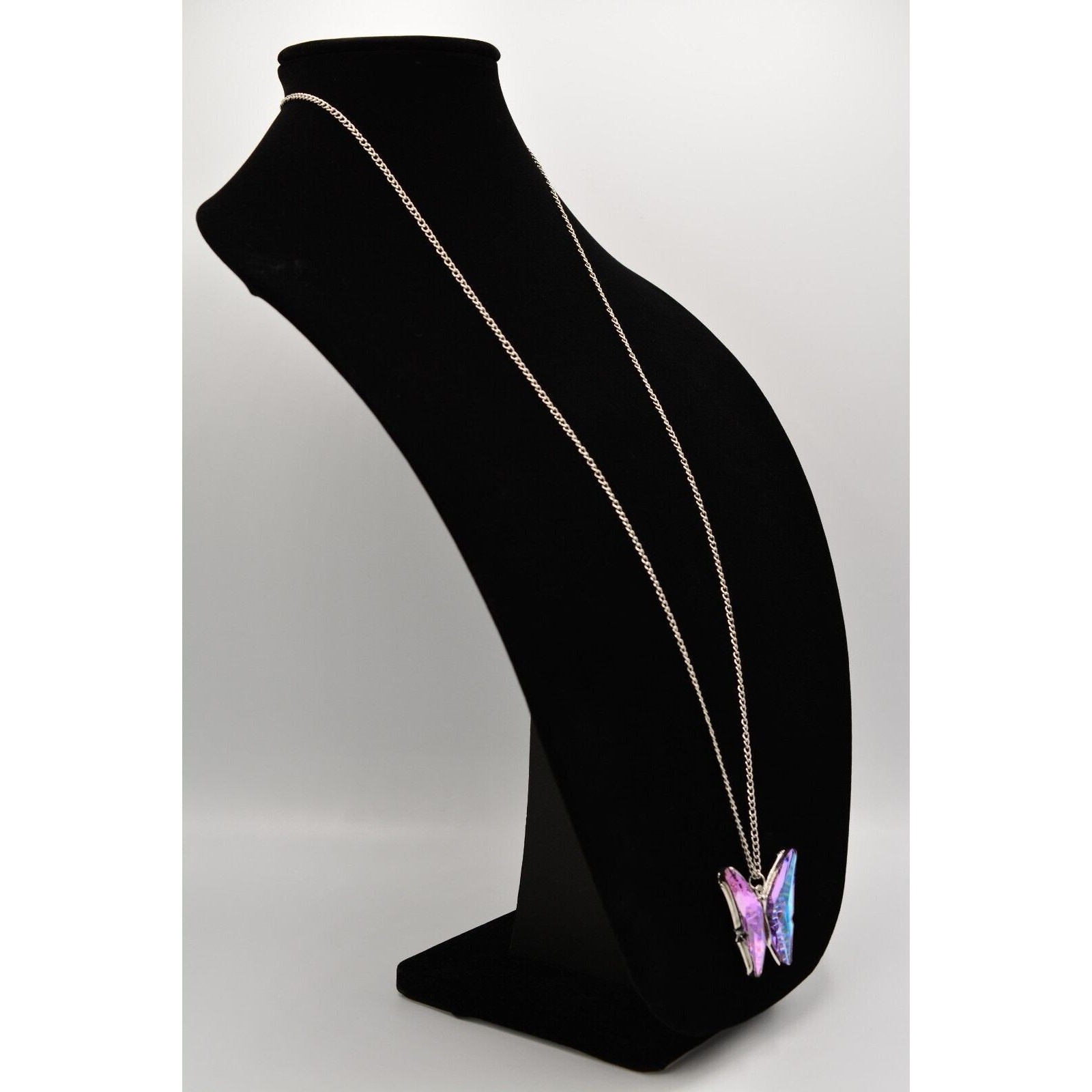 Vintage Crystal Butterfly Pendant Necklace Purple Blue Silver Chain 1990s Bin3C