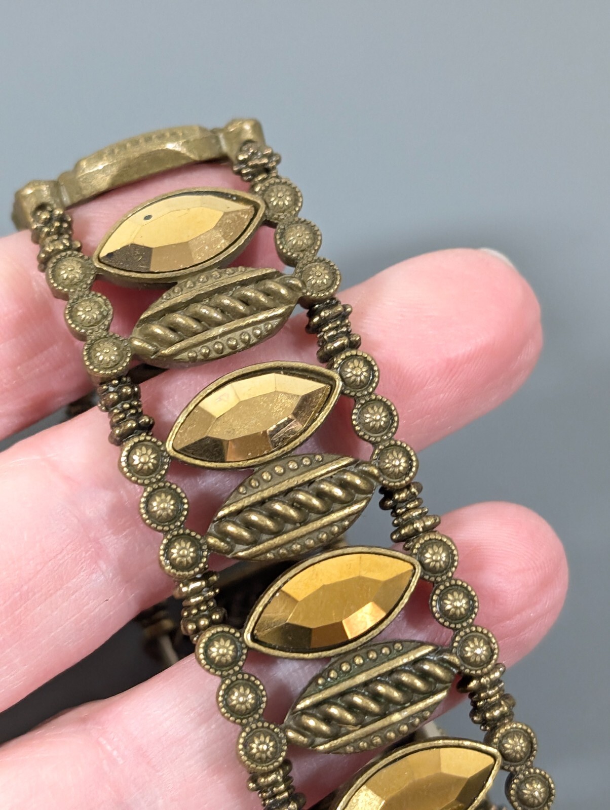 Bronze Tone Rhinestone Marquise Tribal Western Stretch Bracelet 6.5 in