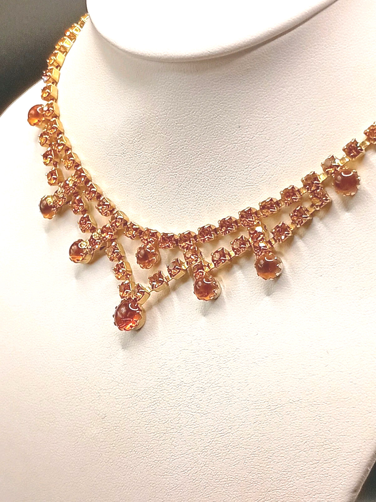Victorian Revival Amber Color Rhinestone Necklace Regal Collar Gold Tone 16.5″