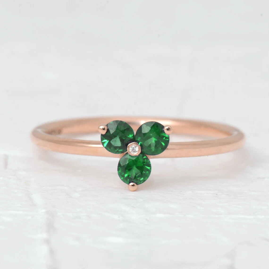 Emerald Gemstone Ring Minimal Solid 14k Rose Gold Diamond Ring Wedding Jewelry