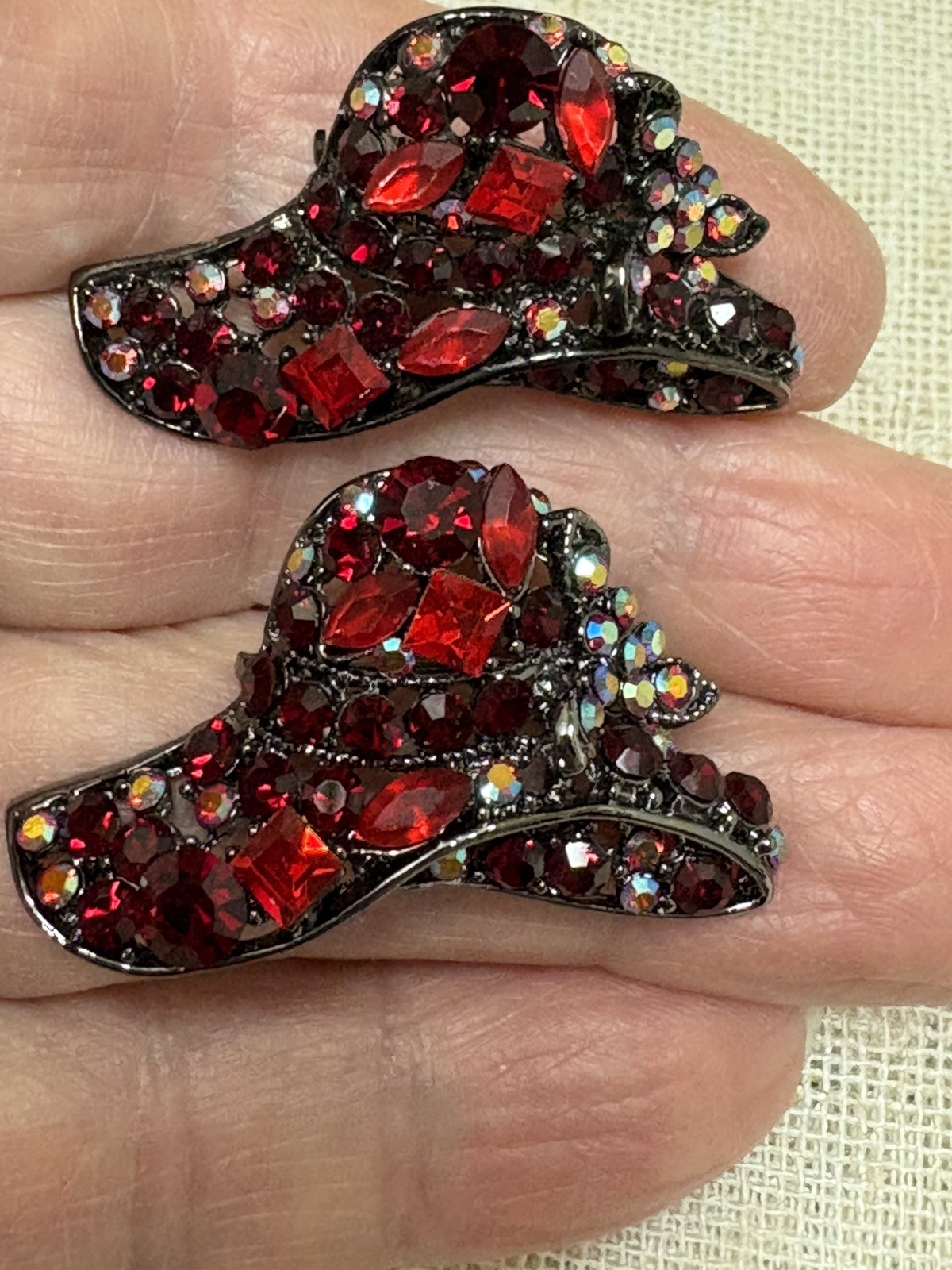 Vintage Red Iridescent Rhinestone Open Work Hat Brooch Pin Lot of 2 RHS Lovely