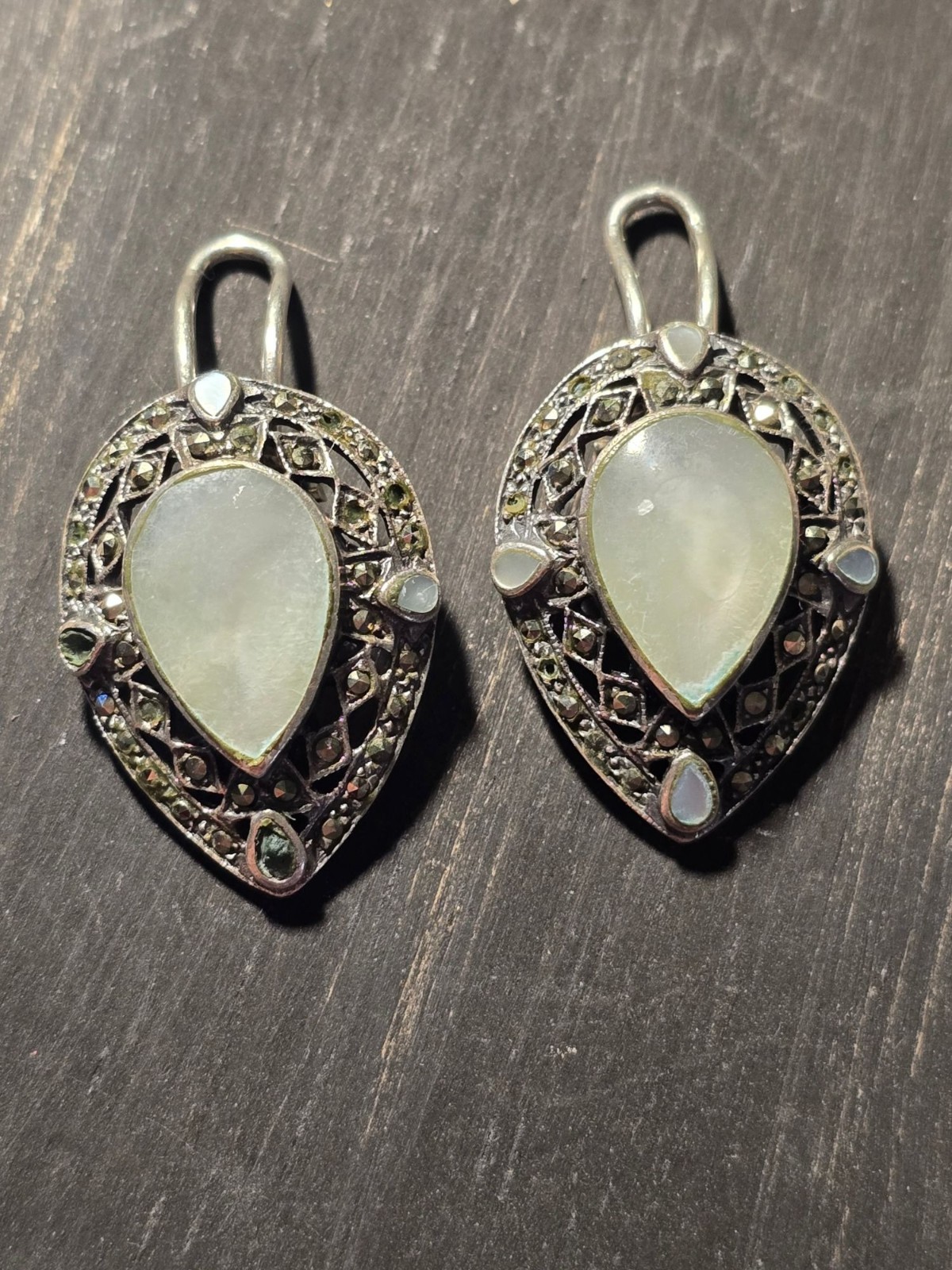 Vintage 1950’s Sterling SIlver .925 Marcasite Mother of Pearl Tear Drop Earrings
