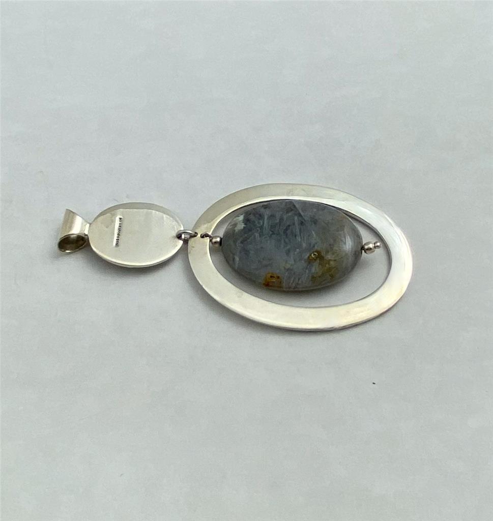 Vintage 925 Sterling Silver Mexico Designer Oval Agate Large Pendant